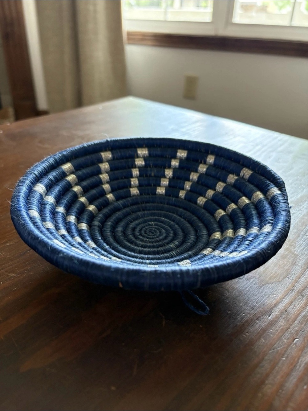 Handwoven Blue Coiled Decorative Bowl Boho-Chic, coastal blue